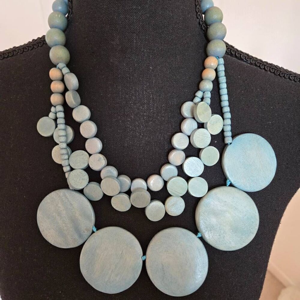 Womens Fashion Statement Aquamarine Wooden Discs And Beads Necklace Blue OS